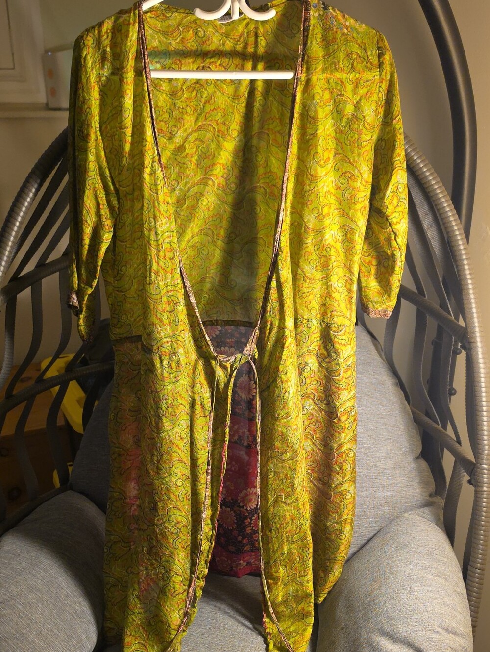Yellow Paisley Silk Open-Front Kimono Robe with Tie